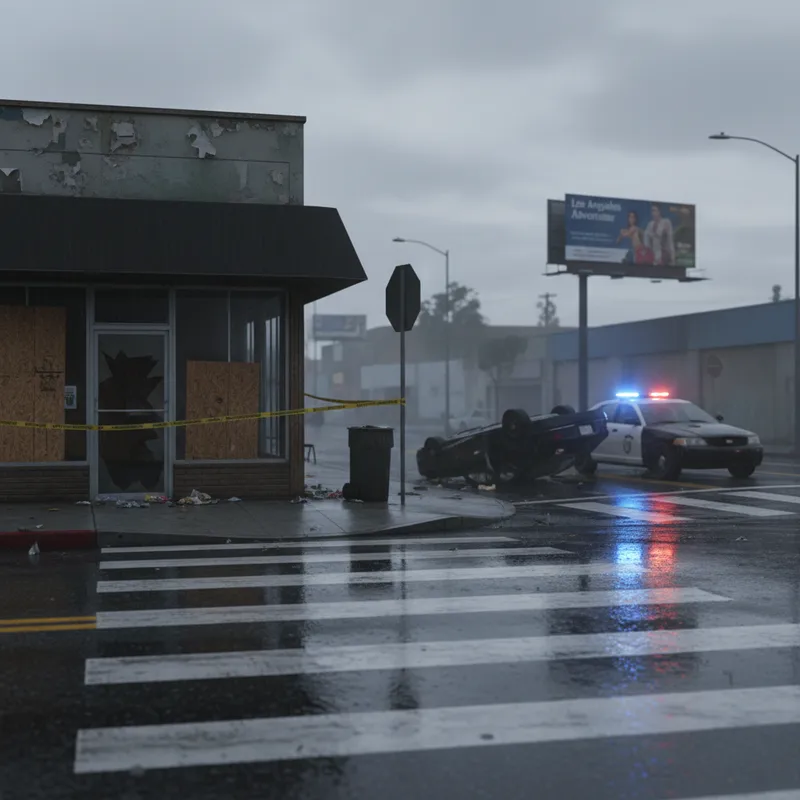 A crime scene in Los Angeles with no people, emphasizing realistic setting and natural lighting.
