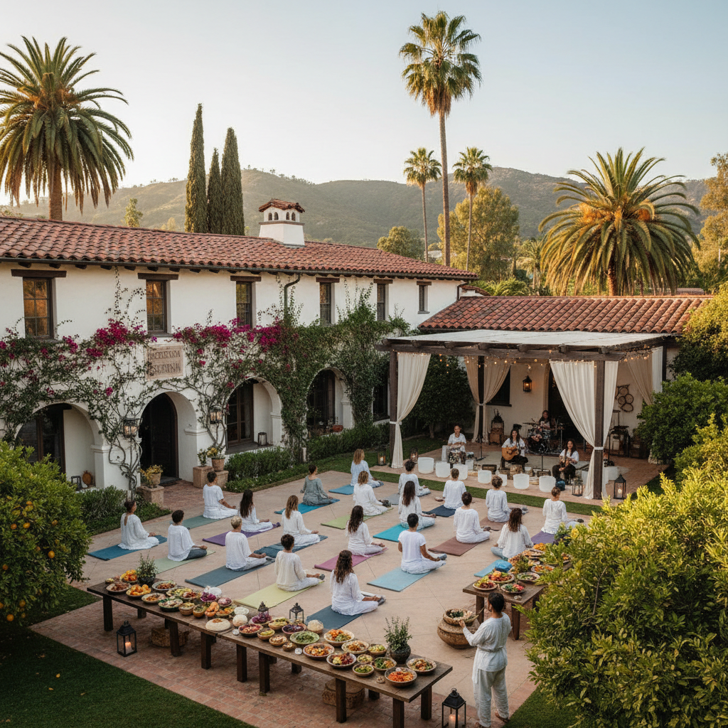 A sunlit Spanish estate in Toluca Lake, Los Angeles, hosting a wellness retreat with meditation and dancing.