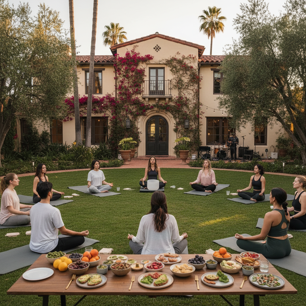Spanish estate in Toluca Lake with lush gardens, hosting a wellness retreat with meditation and dancing.