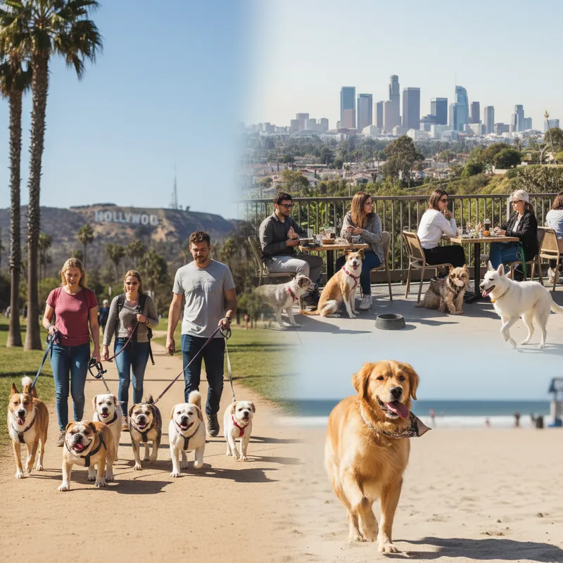 Golden retriever happily plays at a sunny, tree-lined dog park in Los Angeles.