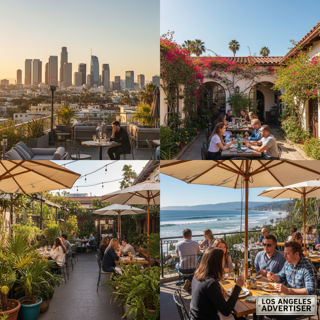 A sunny Los Angeles patio at a restaurant with tables set for outdoor dining.