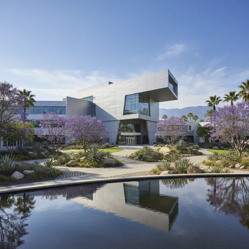 Modern Los Angeles building exterior with landscaped grounds, captured in architectural photography style.
