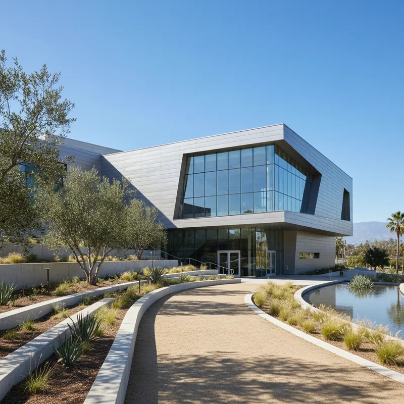 Modern building exterior with landscaped grounds, architectural photography, realistic setting.