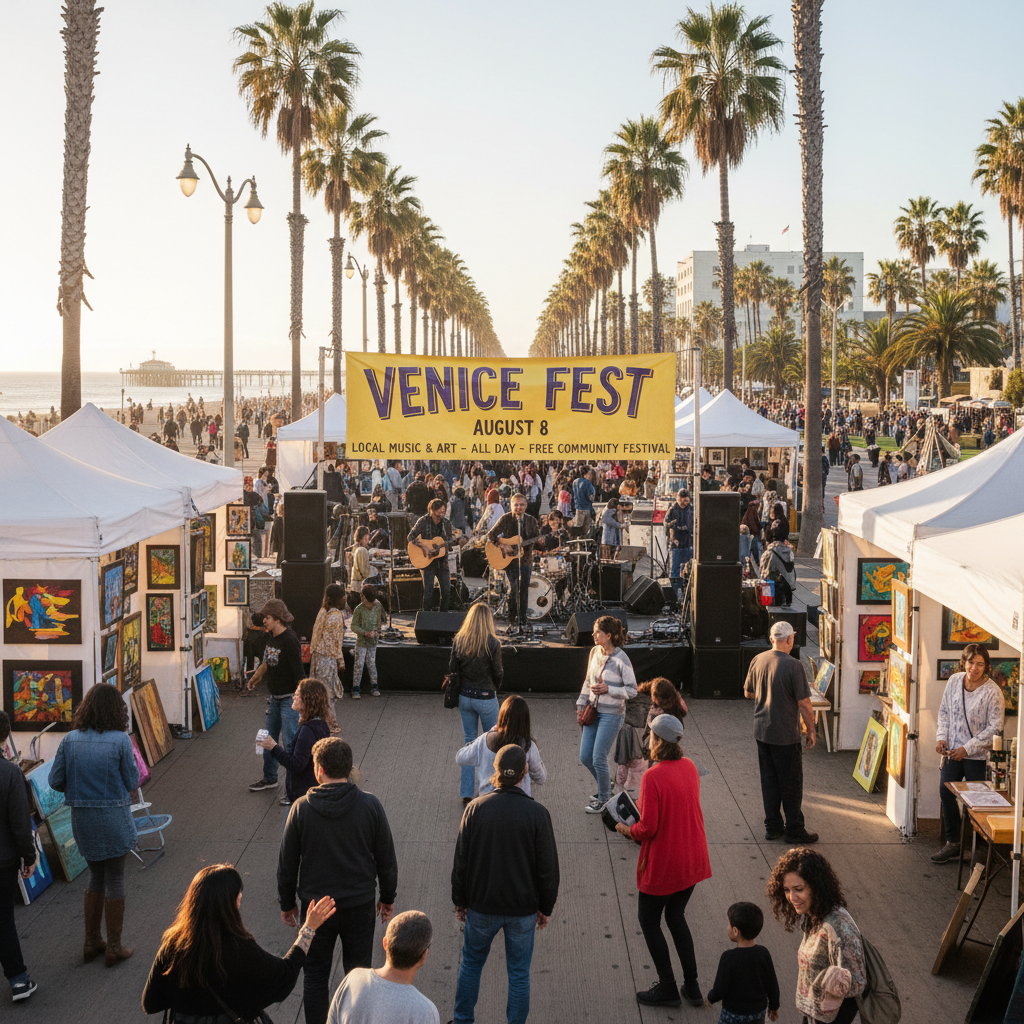 Venice, California street scene with diverse people enjoying an outdoor festival with music and art displays.