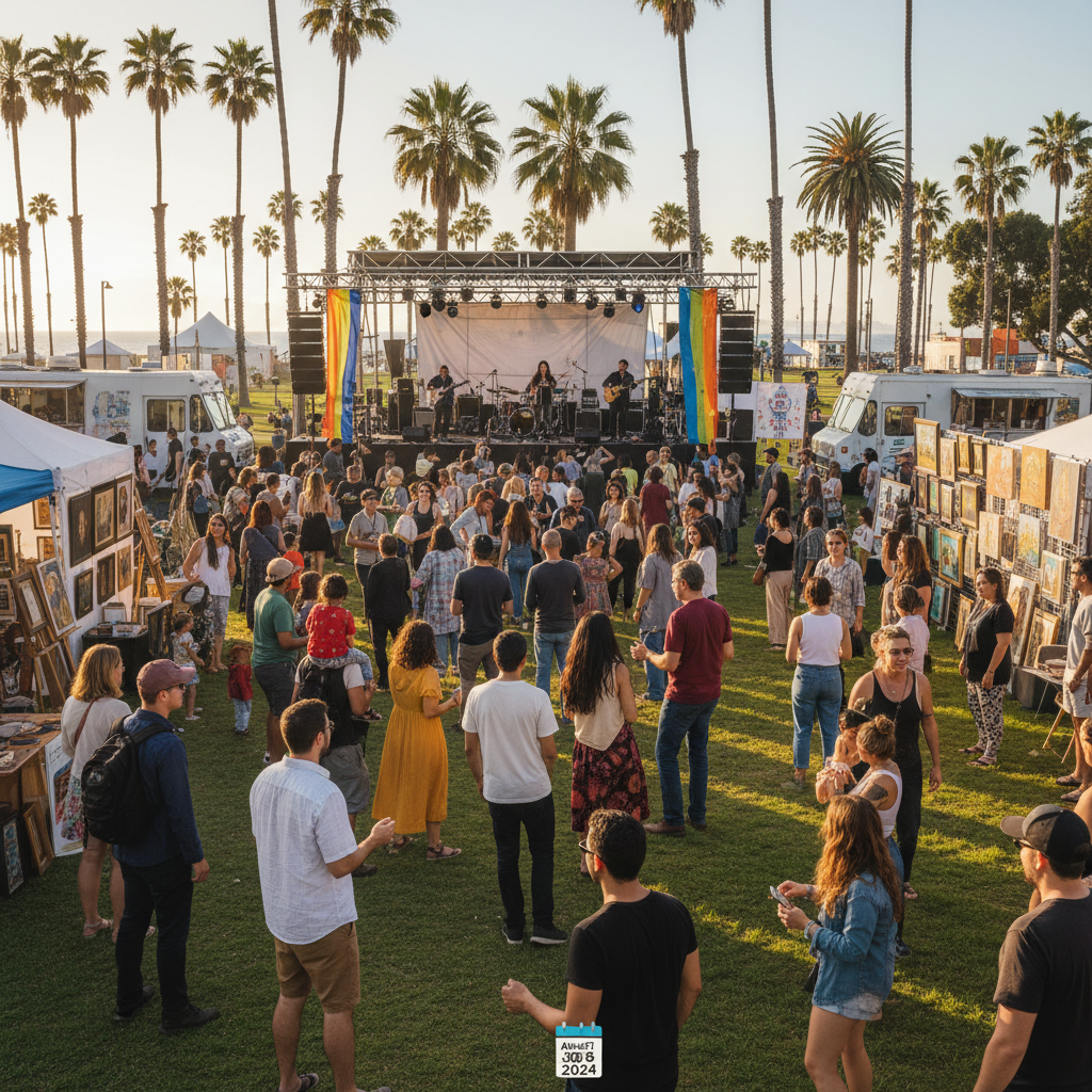 A sunny day in Venice, Los Angeles, with local artists displaying their work and musicians performing outdoors.