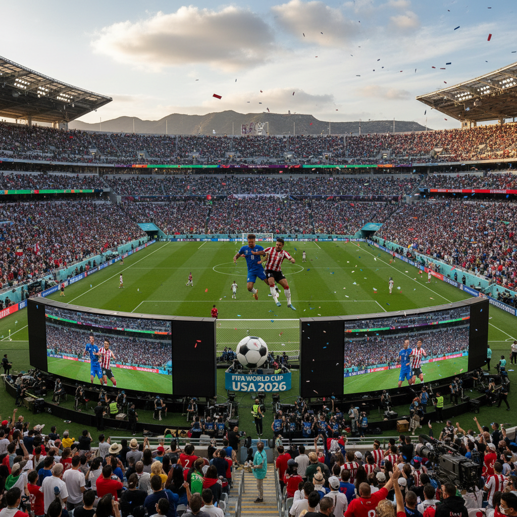 Dynamic action shot of a soccer match in a stadium with cheering fans in Los Angeles.